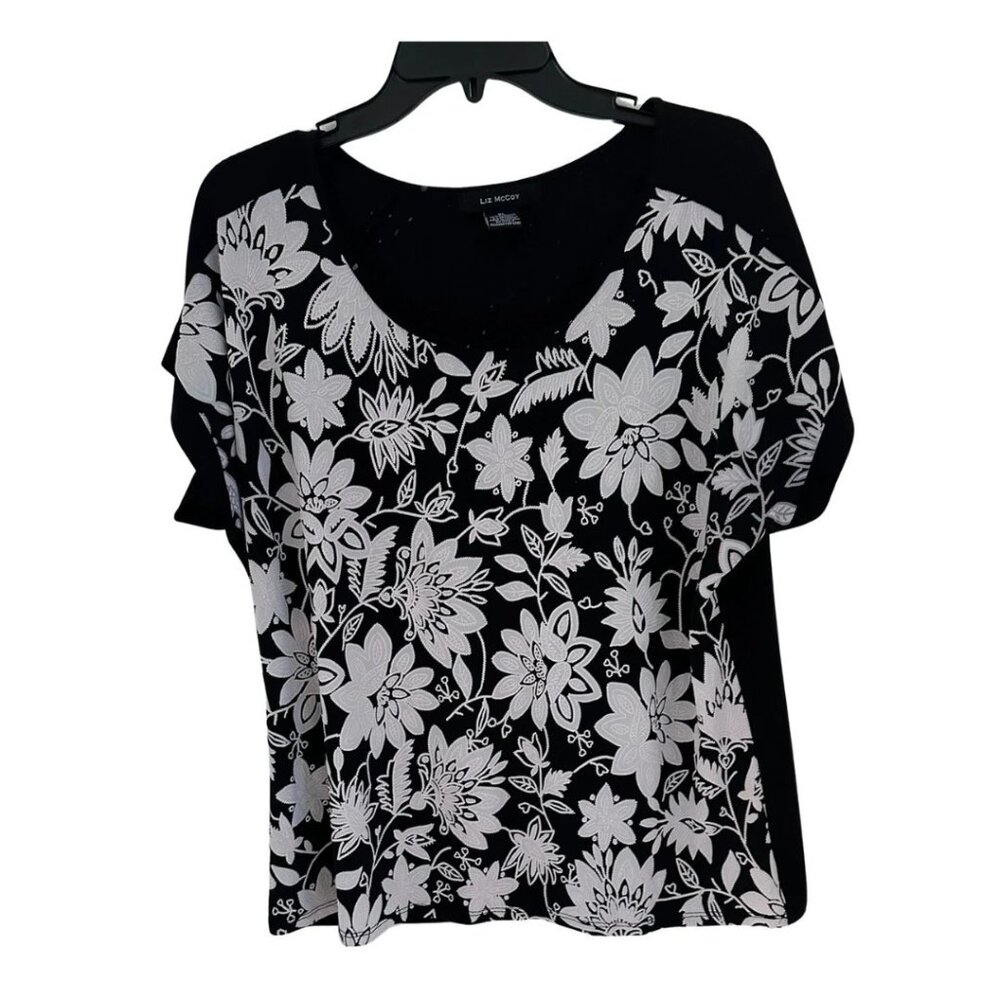 Liz McCoy Women’s Black Floral Blouse Short Sleeve Top Casual Chic Shirt